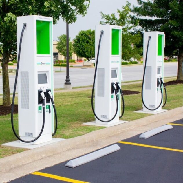 Three electric vehicle charging stations.